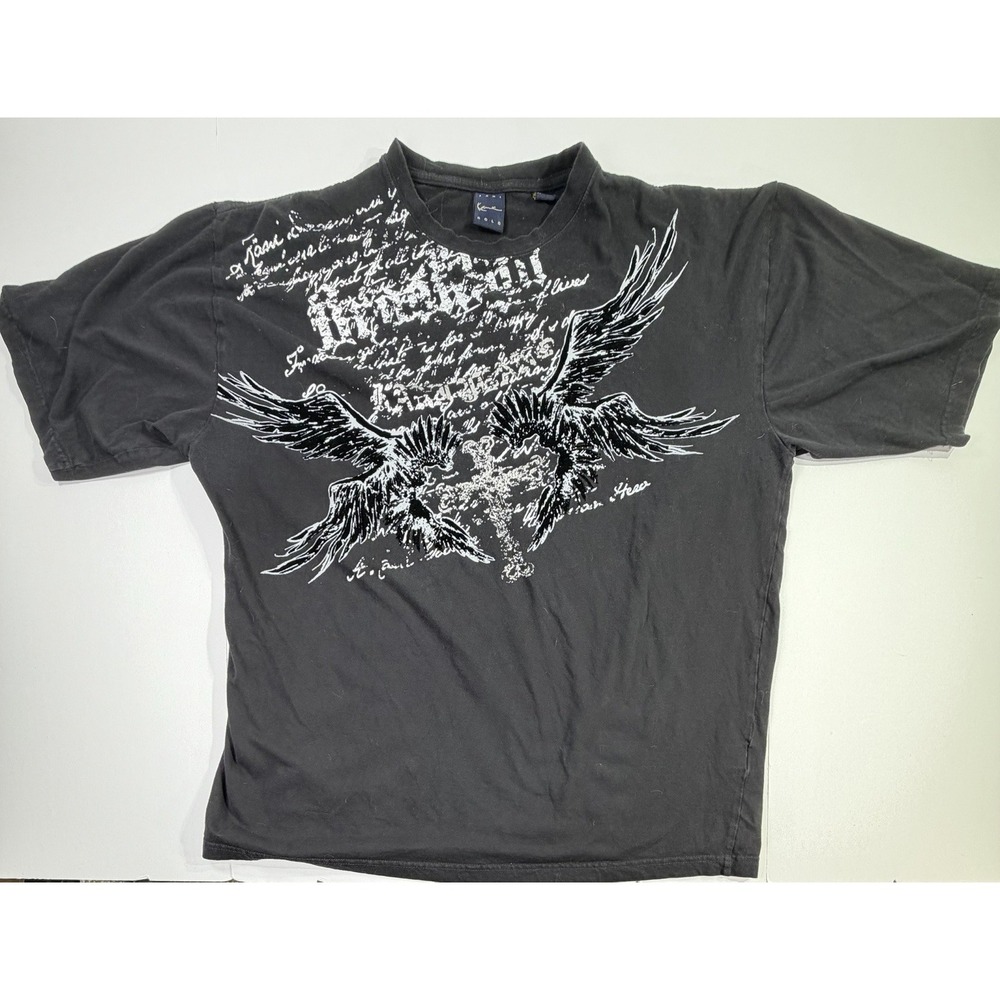 Kani Gold Graphic T Shirt Y2K Streetwear Wings Cross Script Tee Black XXL